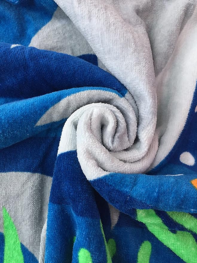 Soft Cotton Catroon Shark Towel Poncho for Kids Bath Beach Pool Swim with Drawstring Bag