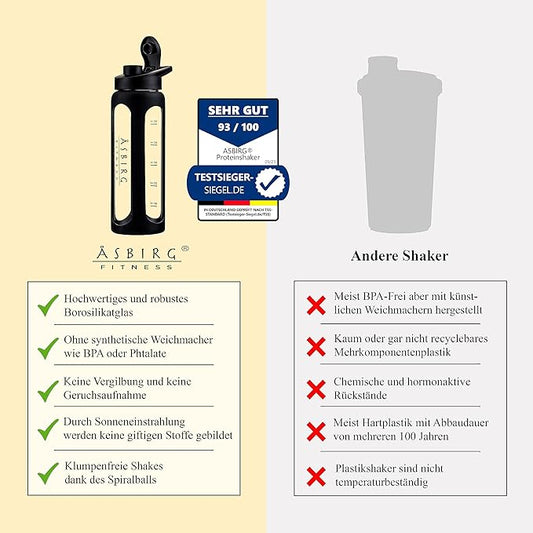 Fitness Glass Protein Shaker 1 Litre Protein Shaker Drinking Bottle with Spiral Ball Black 1000 ml