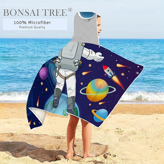 Kids Beach Towel, Kids Bath Towels with Hood, Outer Space Theme Hooded Towel for Boys Girls 30"x50", Cool Kids Towel Gifts Cartoon Microfiber Soft Bath Towel Poncho Bathrobe Wrap Robe for Swin Pool