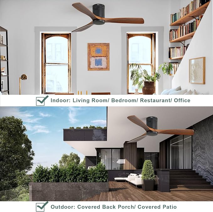 Sofucor 52" Flush Mount Ceiling Fan no Light and Remote Control, Indoor Outdoor Ceiling Fans Without Light, Quiet Energy Saving with 6 Speeds, Timer, Brown