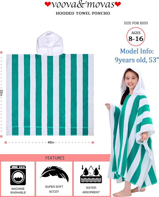 Terry Cloth Hooded Towel Poncho for Boys| Girls | Teens (8-16Years), 100% Cotton Thick Soft Absorbent Poncho Towel Robe for Kids, Perfect for Pool, Beach, Bath and Gifts, Aqua White Stripe