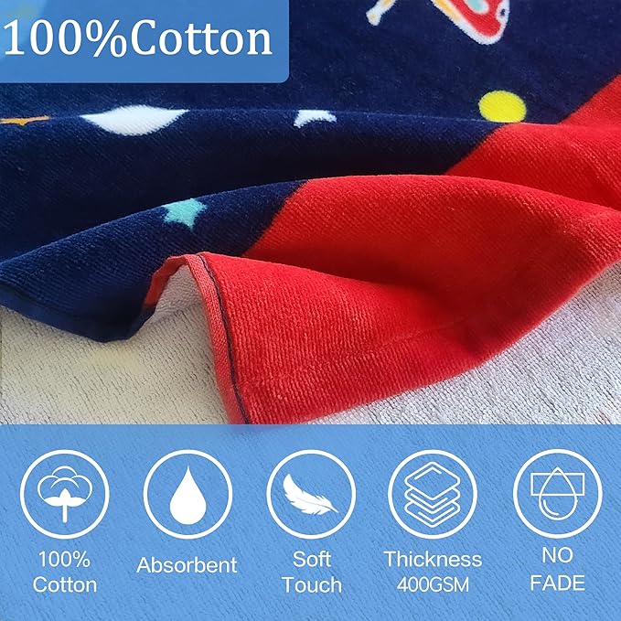 VOOVA & MOVAS Kids Hooded Towels Age 3-10, Soft | Thick | Absorbent Cotton Beach, Bath, Pool Towel | Wrap, Oversized for Boys Girls | Space Theme