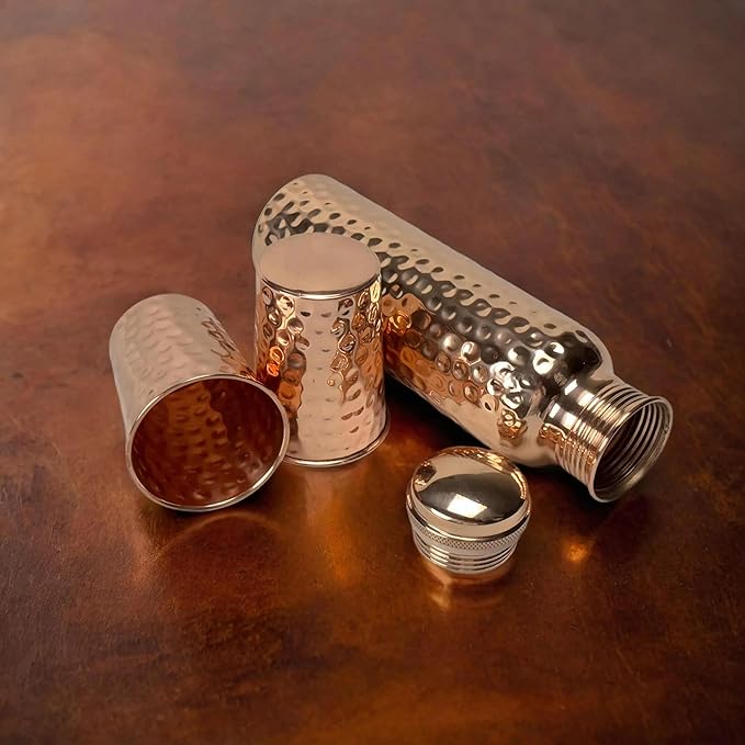 Pure Copper Water Bottle for Drinking with 2 Copper Glass Premium Quality Handcrafted Large Hammered Copper Bottle and Glass Set