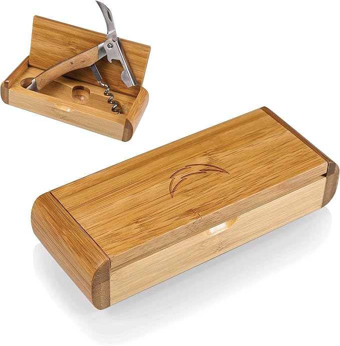 PICNIC TIME NFL Los Angeles Chargers Elan Deluxe Corkscrew In Bamboo Box, Stainless Steel Waiter-Style Corkscrew Opener Kit, Wooden Gift Box, (Bamboo)