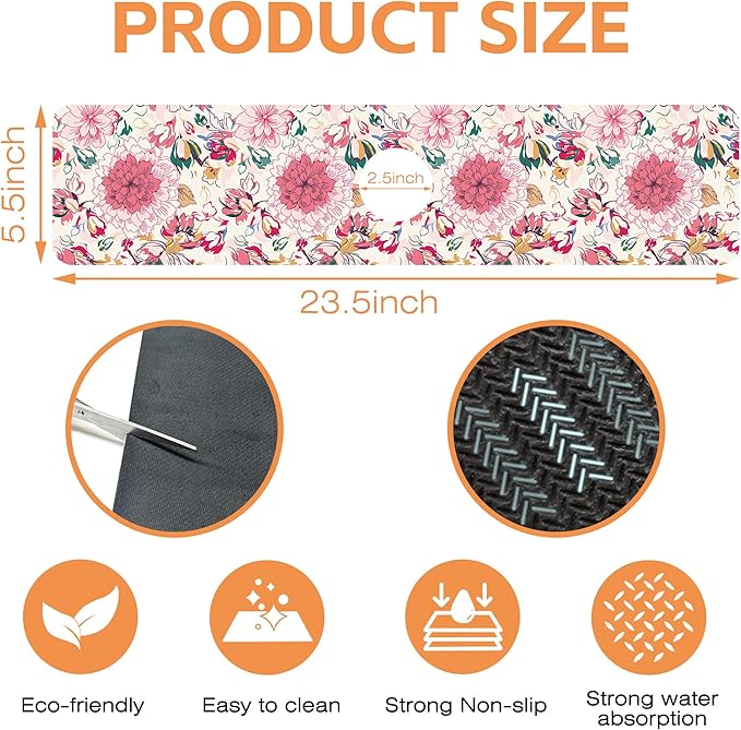 Kitchen Faucet Mat Artistic Floral Kitchen Sink Splash Guard Faucet Mat,1 PC Splash Guard Behind Faucet Drip Catcher for Kitchen,Sink Mat,Dish Drying Mat,Bathroom Faucet Mat 23.5""X5.5""