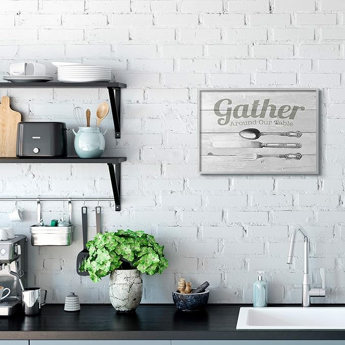 Stupell Industries Gather Silverware Kitchen Wood Texture Word, Design by The Saturday Evening Post Wall Art, 16 x 20, Grey Framed