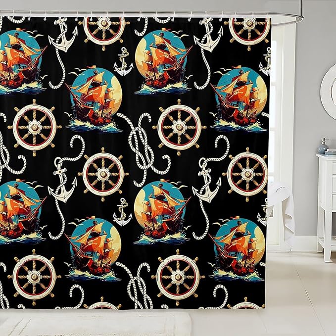 Feelyou Pirate Ship Shower Curtain Ocean Sailing Themed Fabric Shower Curtain for Kids Boys Girls Anchor and Rudder Bathroom Waterproof Accessories with 12 Hooks Black Curtains,72X84 Inches