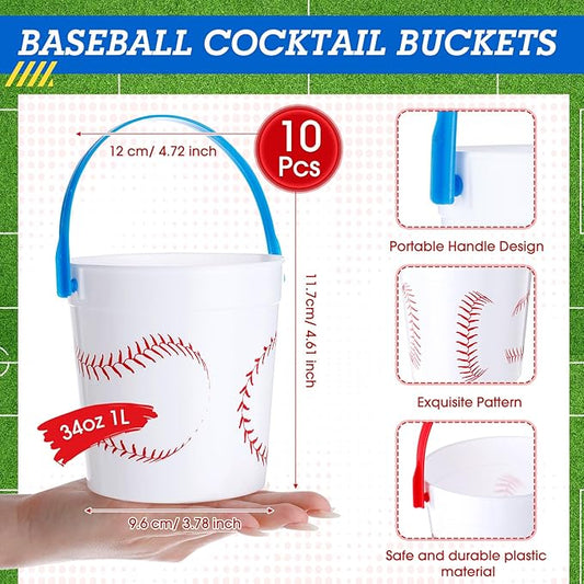 Mifoci Baseball Small Plastic Bucket with Handles 34 oz Versatile Baseball Treat Bucket Baseball Ice Bucket Bulk for Wine Beverage Baseball Party Bar Alcohol Beer Snack Drink Pail Gifts(10 Pcs)