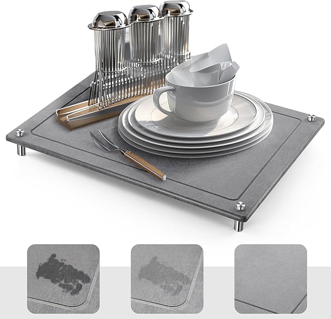 Stone Drying Mat for Kitchen Counter,IPOW Diatomaceous Dish Drying Mats Superb Absorbent,Heat-ResistantFast Drying Stone Mat Kitchen with Non-Slip Stainless Steel Feet(Gray)