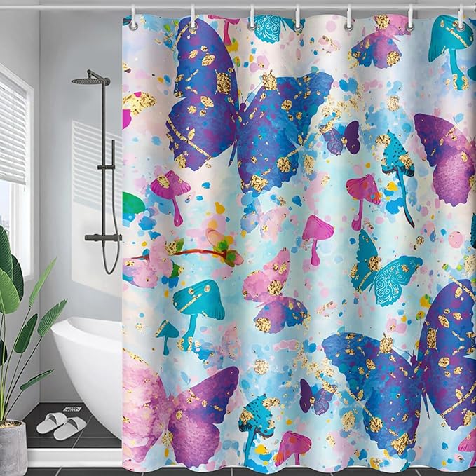 AILONEN Butterfly Shower Curtain for Bathroom, Blue Pink Tie Dye Butterfly Bath Curtain,Women Girls Bathroom Curtain,72" W*72" H Polyester Waterproof with 12 Plastic Hooks