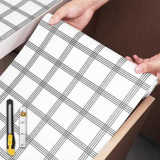 Shelf Liner,Drawer Liner for Kitchen Cabinet,12 in x 30 FT Cabinet Liners Non-Adhesive Non-Slip Contact Paper Waterproof Kitchen Liner Protect Desks, Cupboard with Knife and Tape Measure