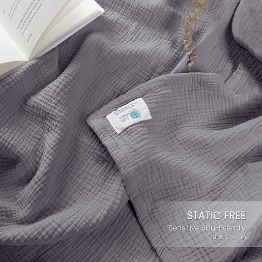 Lulu moon Muslin Blankets for Adults 55”x75” - Couch Throw Blanket for Boys - Light Weighted Muslin Quilt for Sofa and Bed (Gray)