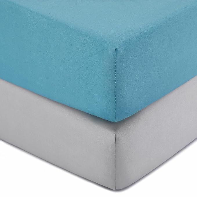 TILLYOU Baby Crib Sheets for Boys Girls, Fitted Crib Sheet 2 Pack for Standard Crib and Toddler Mattresses, Super Soft Toddler Bed Sheets, 28"x52"x8",Lake Blue& Grey