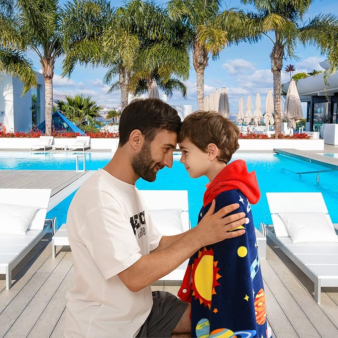 VOOVA & MOVAS Kids Hooded Towels Age 3-10, Soft | Thick | Absorbent Cotton Beach, Bath, Pool Towel | Wrap, Oversized for Boys Girls | Space Theme