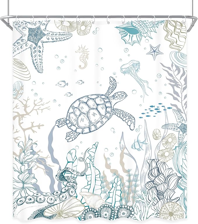 Nautical Coastal Sea Turtle Shower Curtain Ocean Beach Starfish Seashell Coral Underwater Animal Octopus Sealife Summer 60Wx72L Inch Bathroom Set Bath Curtain Bathtub Accessories Home Decor