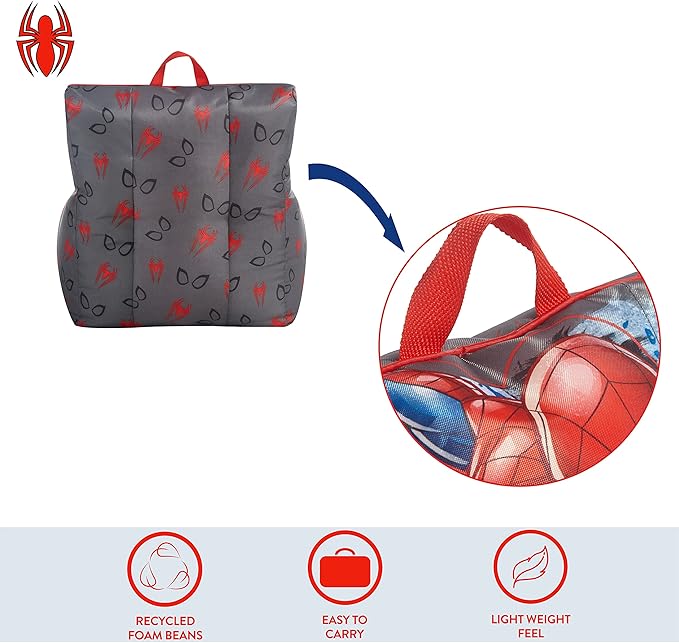 Idea Nuova Marvel Spiderman Toddler Nylon Bean Bag Chair with Piping & Top Carry Handle, Large