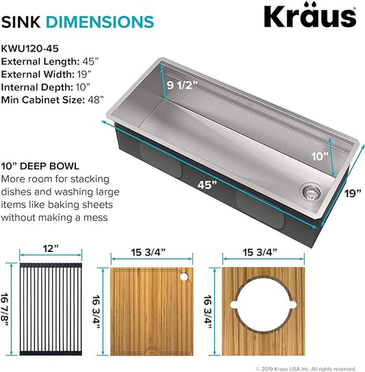 KRAUS KWU120-45 Kore 2-Tier Workstation 45-inch Undermount 16 Gauge Single Bowl Stainless Steel Kitchen Sink with Integrated 2-Step Ledge and Accessories (Pack of 10)