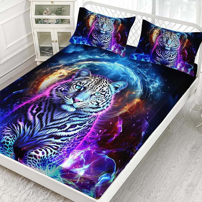 AILONEN Leopard Fitted Sheet Set Twin XL Size, Boys Blue Smoky 3 Pieces Printed Cheetah Bed Sheet Set,Wildlife Fitted Sheet with 2 Pillowcases