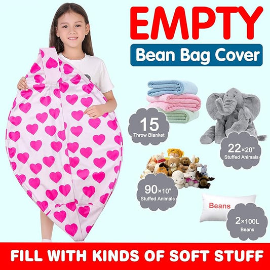 Lukeight Stuffed Animal Storage Bean Bag Chair Cover for Kids, Zipper Beanbag Chair Cover for Organizing Toddler and Kids' Rooms Plush Toys (Heart Velvet, X-Large)