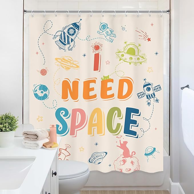 Kids Shower Curtain 60Wx72L Inch Funny Space Quotes Toddler Planet Cartoon Cute Universe Galaxy Boys Girls Nursery Colorful Bathroom Set Bath Curtain Bathtub Accessories Home Decor