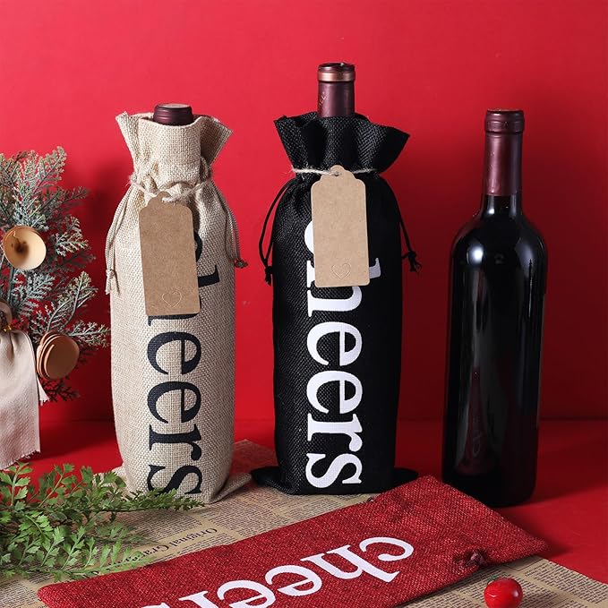 SIRIPHUM Burlap Wine Bags and Gift Tags, Wine Bottle Gift Bags with Drawstrings,Wine Bags Gift for Travel, Wedding, Holiday Party,Birthdays,Housewarming and Dinner Party (Red-12PCS)