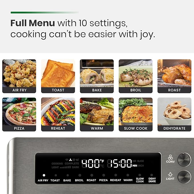 Infrared Heating Air Fryer Toaster Oven, Extra Large Countertop Convection Oven 10-in-1 Combo, 6-Slice Toast, Enamel Baking Pan Easy Clean with Recipe Book, Black Matte Stainless Steel