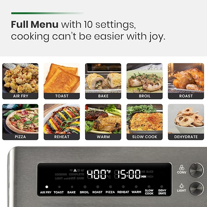 Infrared Heating Air Fryer Toaster Oven, Extra Large Countertop Convection Oven 10-in-1 Combo, 6-Slice Toast, Enamel Baking Pan Easy Clean with Recipe Book, Black Matte Stainless Steel