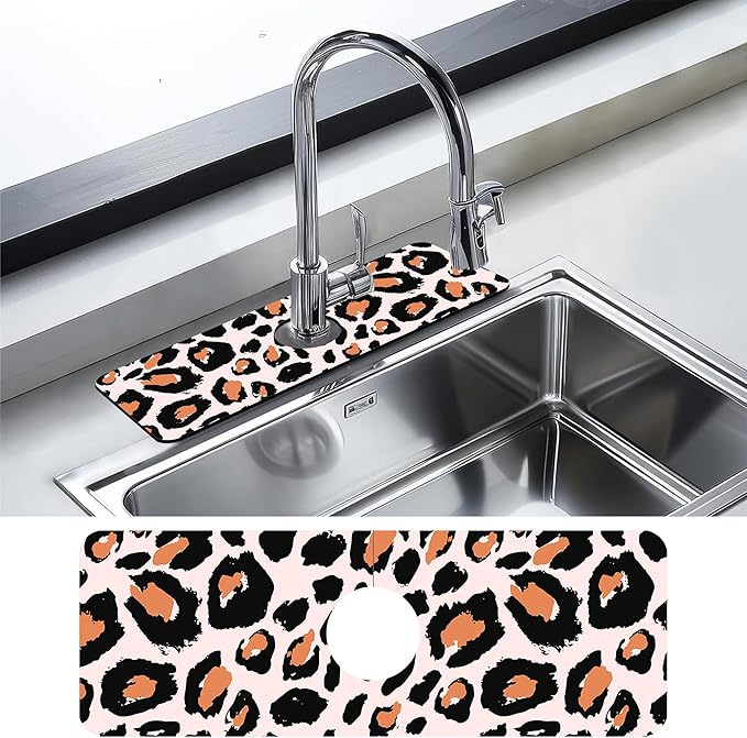 Kitchen Sink Splash Guard Faucet Mat Leopard Rosettes Sink Splash Guard Behind Faucet,1 PC Soft Diatom Mud Non-Slip Mat -for Kitchen,Sink Mat,Dish Drying Mat,Bathroom Faucet Mat 15.5"X5.5"
