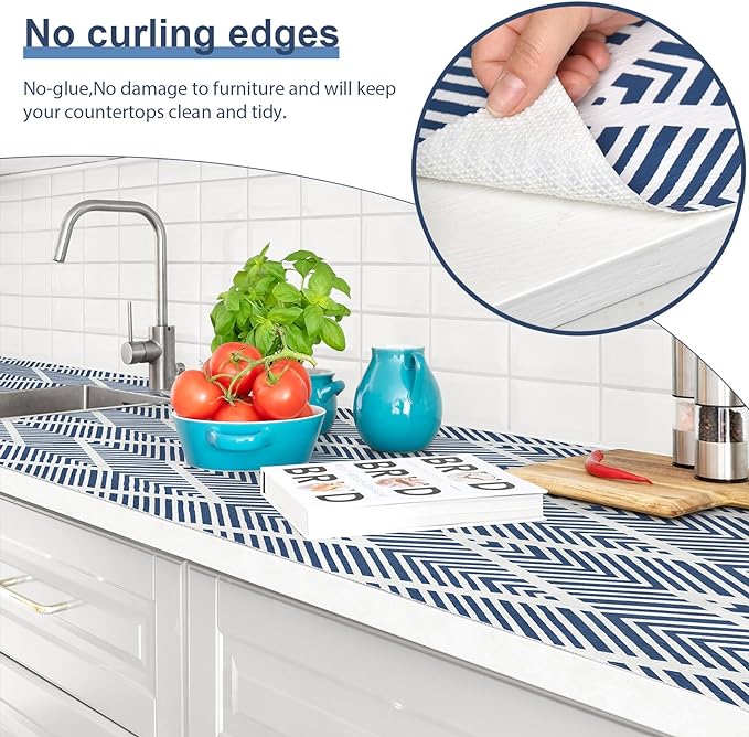 Shelf Liners for Kitchen Cabinets Non-adhesive, 12in x 12FT Drawer Liner Non Slip Shelf Paper, Waterproof Easy to Clean Surface, Thicken Strong Grip for Pantry Cupboard Dresser Mat, Blue Stripe