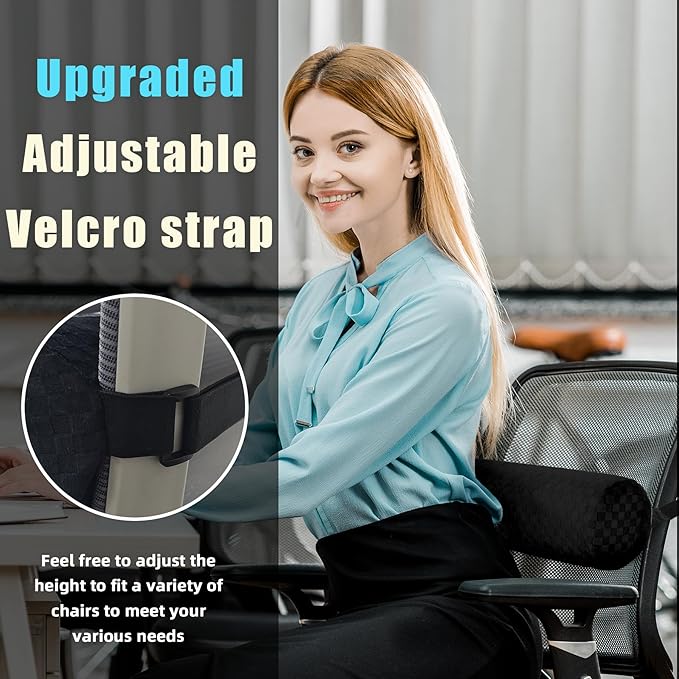 Lumbar Roll Pillow for Lower Back, Lumbar Support Foam Roll Cushion with Pillowcase and Upgraded Strap for Office, Chair, Car, Seat Pain Relief & Improving Posture (Black, Short-11 * 4.3'')