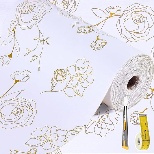 Shelf Liners for Kitchen Cabinets 12in x 20FT Non Adhesive Drawer Liner Gold Floral Thickened Shelf Liner Paper Strong Non-Slip Easy to Clean for Tool Box Refrigerator with Knife and Tape Measure