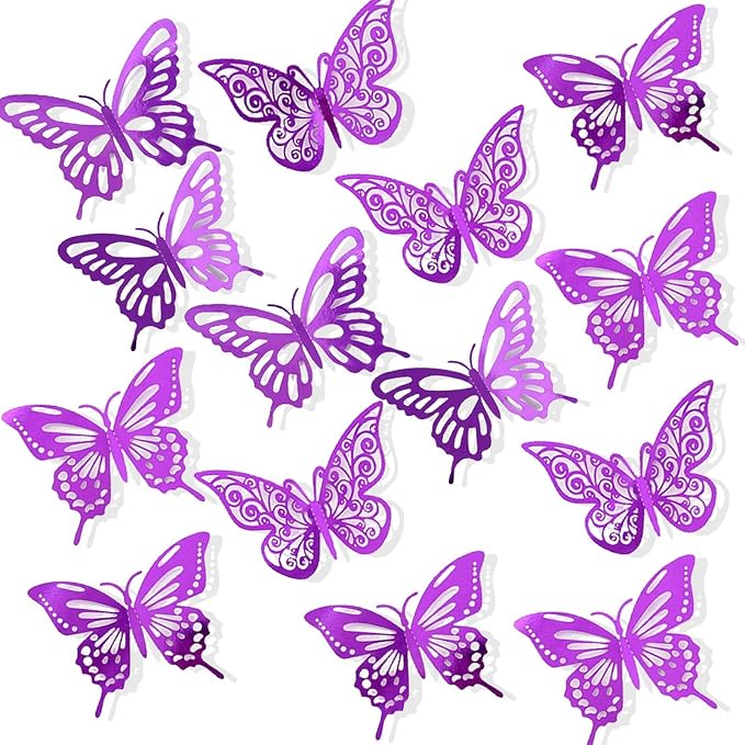 72Pcs 3D Butterfly Wall Decor 3 Sizes 3 Styles, Butterfly Decorations Party Birthday Cake Decoration, Removable Butterfly Wall Stickers for Kids Nursery Wedding Bedroom Room Decor(Purple)