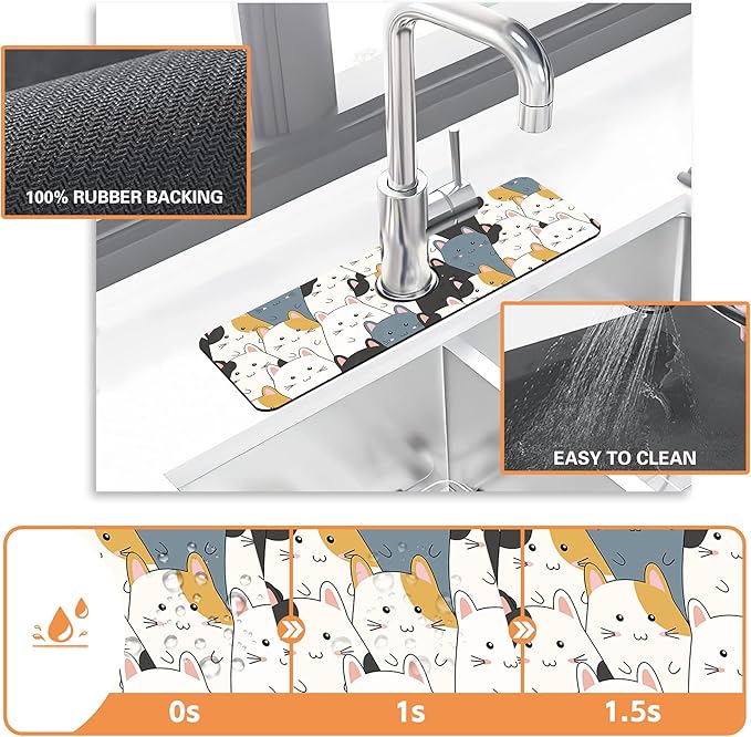 Kitchen Faucet Mat Cute Cartoon Kitten Family Kitchen Sink Splash Guard Faucet Mat,1 PC Splash Guard Behind Faucet Drip Catcher for Kitchen,Dish Drying Mat,Bathroom Faucet Mat 15.5""X5.5""
