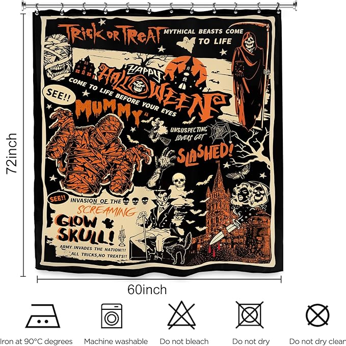 Halloween Horror Scary Shower Curtain 60Wx72L Inch Mummy Skull Spooky Trick Or Treat Vintage Gothic Retro Holiday Bathroom Set Accessories Decor with 12 Pack Hooks