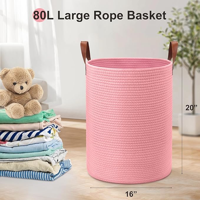 80L Large Rope Basket, Woven Rope Storage Basket with Leather Handles, Dog Toy Storage Basket, Bedroom, Nursery Blanket Storage, Bathroom Laundry Basket, 16“x20” Tall Rope Basket (Pink)