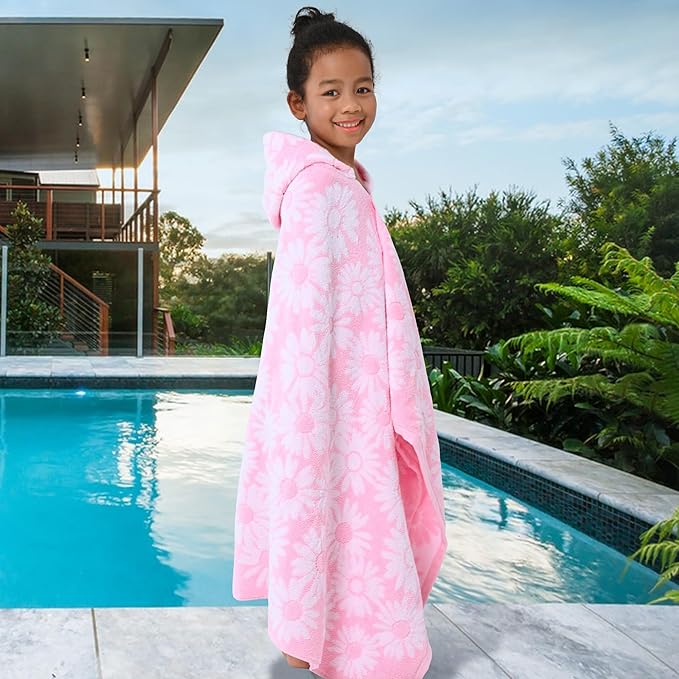 Hooded Bath Towels for Kids (3-10Years) - Soft, Absorbent Turkish Cotton Thick Pool Towels with Hood for Toddler,Perfect for Bath | Beach | Pool | Swim, Jacquard, Pink with White Daisys Theme