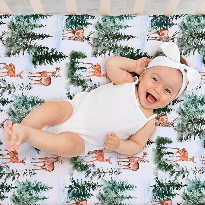 JISEN Fitted Crib Sheets 1 Piece Soft Breathable Baby Crib Sheets for Standard Crib and Toddler Mattress Baby Bed Sheets for Crib for Baby Boys Girls Neutral 28x52 Inch Woodland Animals