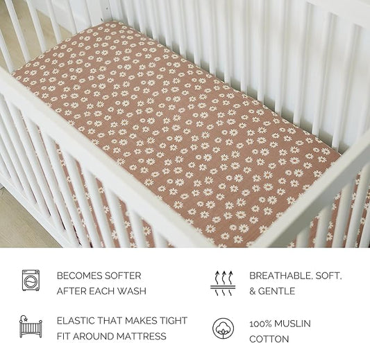 Daisy Dream Muslin Crib Sheet by Mebie Baby, Soft and Breathable Bed Sheets for Babies, Modern Neutral Bedding for Cribs, Standard Crib Mattress Fitted Sheet, Great for Boy or Girl Room or Nursery