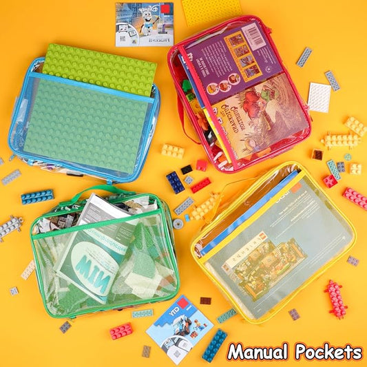 4 Pack Toy Storage Organizer Bag for Lego Bricks, Clear PVC Zippered Blocks Set with Manual Pocket& Name Tag, Waterproof Toy Carrying Case for Board Games& Building Blocks (Large, Colorful)