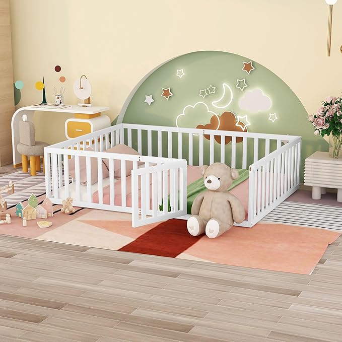 Queen Size Floor Bed with Fence, Solid Wood Floor Bed Frame for Kids with Door, Twin Platform Bed for Boys and Girls Kids Teens, Fun Design, for Children Bedroom