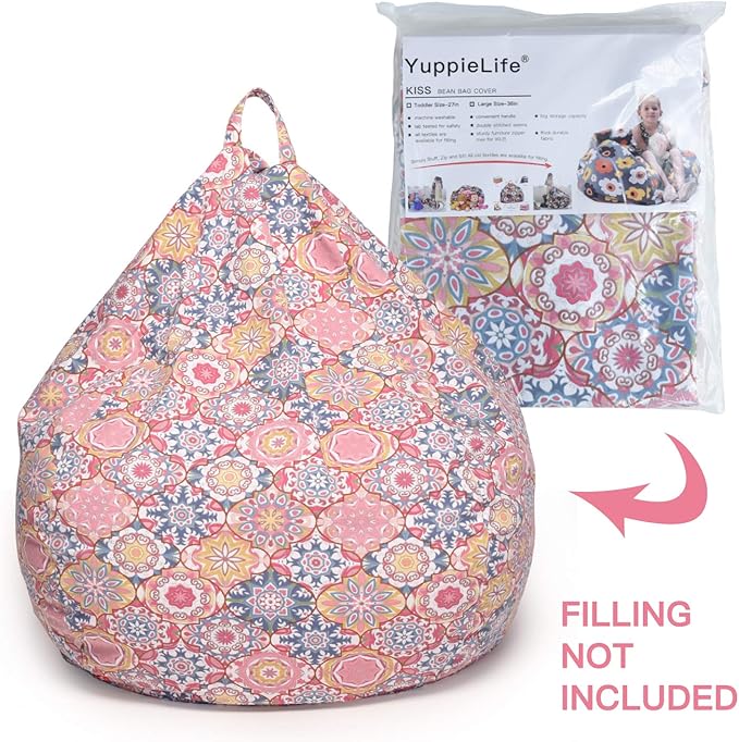 YuppieLife Kids Storage Bean Bag Cover(No Filling) Toy Organizer|Carrying Handle Sofa|Available for Kids and Teenager|Cuddle Chair|Machine Washable and Durable(38“,Pink Flowers)