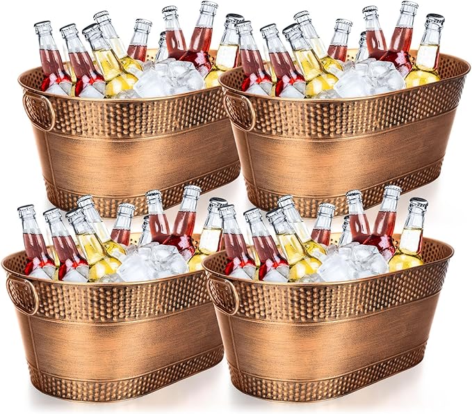 Nuogo 4 Pcs Stainless Steel Oval Ice Buckets for Parties 15 Qt/ 4 Gallon Galvanized Metal Drink Bucket with Handles Leak Resistant Beverage Tub Rustproof Wine Cooler Bucket Beverage Chiller(Bronze)