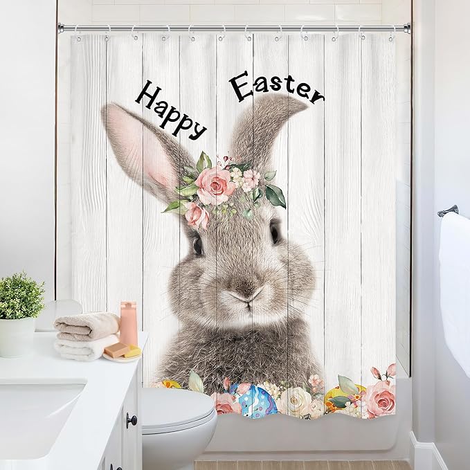Happy Easter Rabbit Bunny Shower Curtain 60Wx72L Inch Rustic Cute Animal Spring Kids Wood Board Flower Floral Shower Curtain Bathroom Set Country Bath Curtain Bathtub Accessories Home Decor