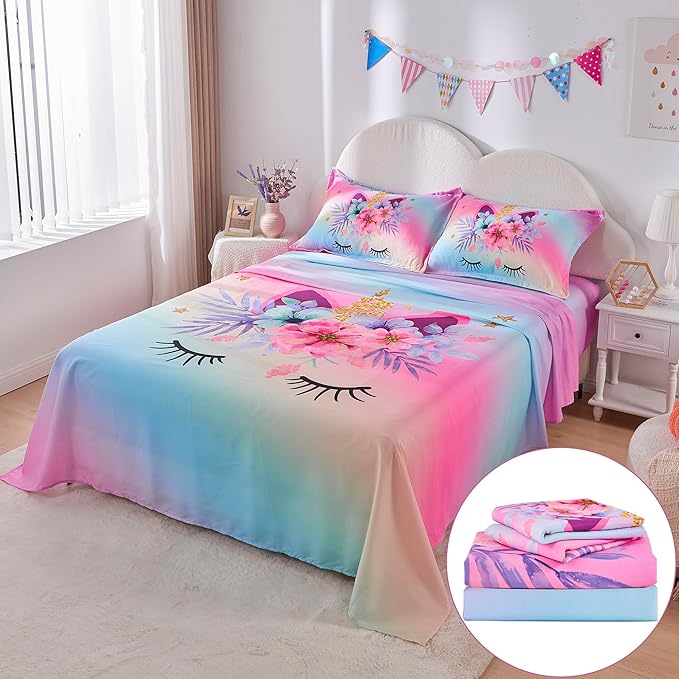 VIVILINEN Queen Size Sheet Set 3 Piece Rainbow Unicorn Kids Queen Bed Sheet Set for Girls Deep Pocket Bedding Set Bed Fitted Sheet Set Include Flat Sheet, Deep Pocket Fitted Sheet and 2 Pillowcase