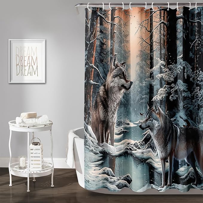 AILONEN Snow Wolf Shower Curtain 48" W*72" H for Boys,Winter Wild Animal Wolf Bathroom Decor,Safari Animal Wolf Printed Bath Curtain Waterproof Bath Curtain with Grommets and 12 Hooks