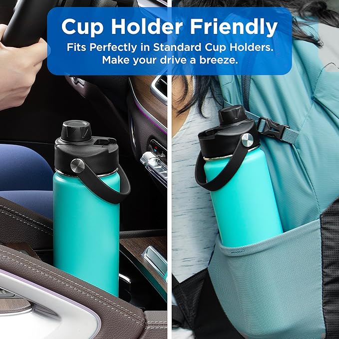 ThermoProof Hot & Cold Insulated Stainless Steel Water Bottle, Durable Leak Proof Gym Bottles for Men, Women & Kids, Double Walled Vacuum Bottles - 2 Lids (Black, 22oz)