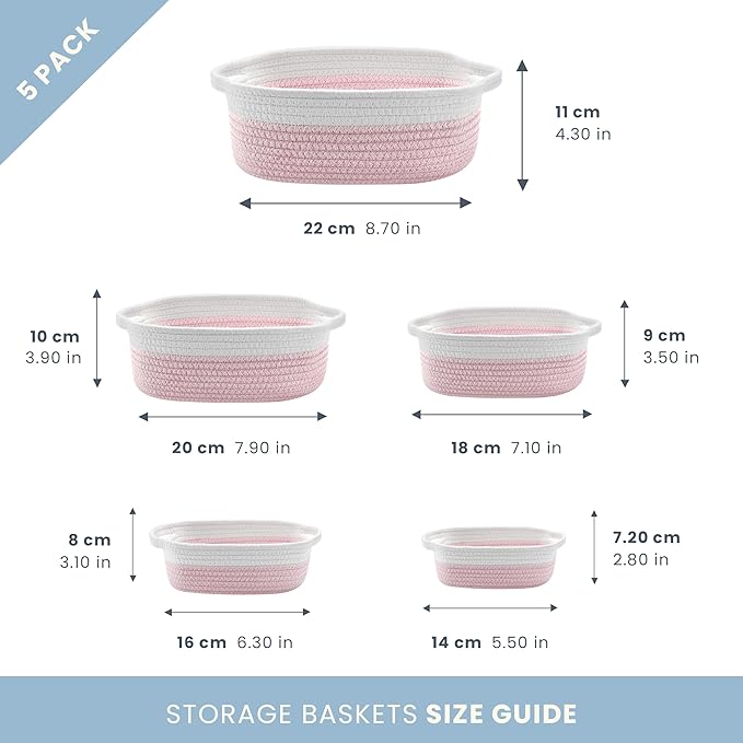 OrganiHaus Set of 5 Rectangle Bathroom Storage Baskets for Organizing, Small Woven Baskets for Storage Basket for Bathroom, Nursery Storage Basket for Baby Nursery Organization, Cute Bins, Pink/White