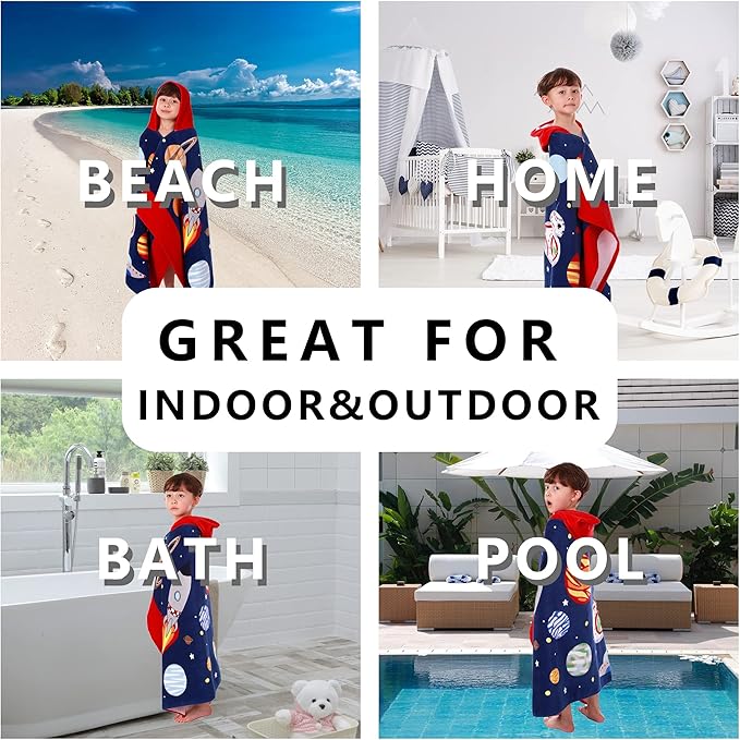 Kids Hooded Beach Bath Towel, Baby Surf Poncho Toddlers Soft Real Cotton Wrap Hooded Towels for Kids Boy Girl