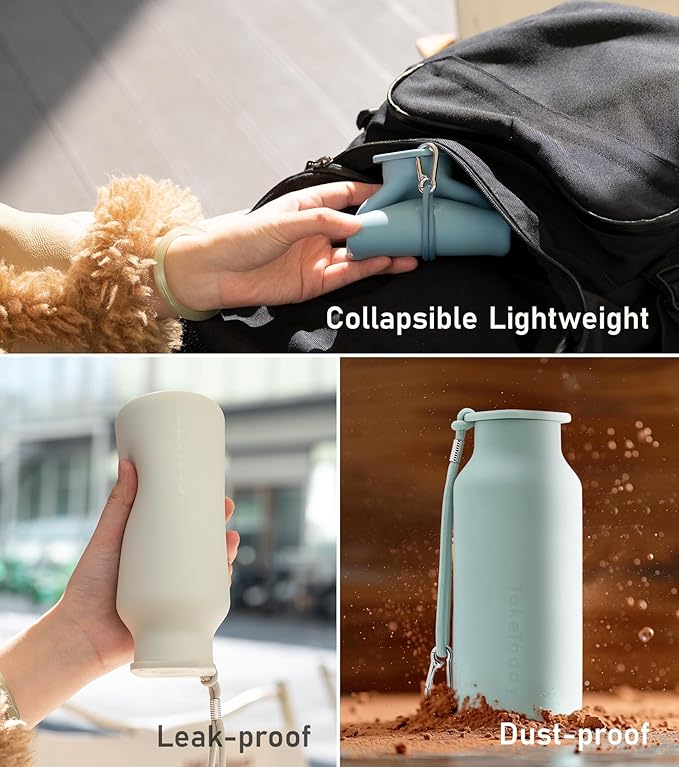 Collapsible Water Bottles 20 oz, Leak Proof, BPA Free Foldable Silicone Travel Water Bottle Cups for Taveling, Outdoors, On the go, Warm Blue