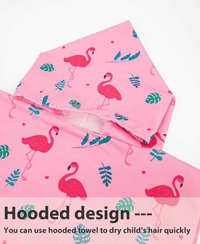 MissShorthair Kids Toddler Poncho Towels, Hooded Beach Towel for Girl&Boy, Surf Poncho Swim Changing Robe Microfiber Bath Towel for 4-6 Years Flamingo